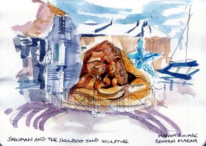 Snowman and the Snowdog sand sculpture, Marina Square, Brighton Marina